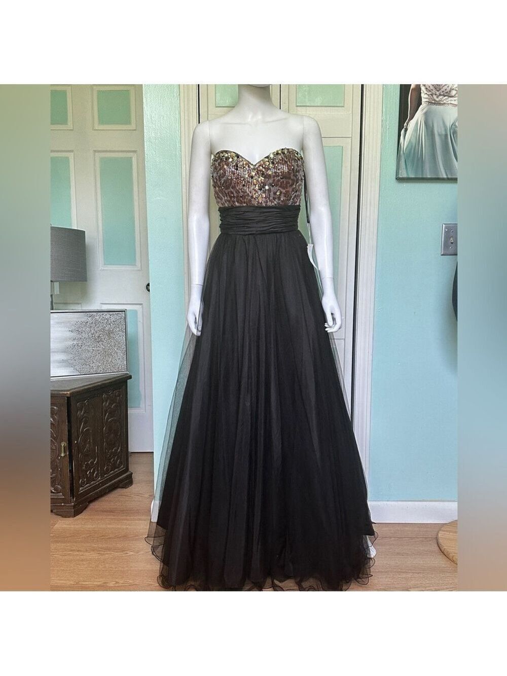10 Tony Bowls Black Tulle Ball Gown Leopard Sequin Dress Prom Costume Theater